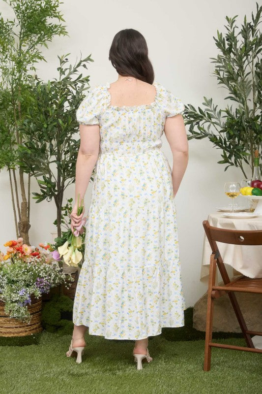 Plus Floral Tile Print Contrast Tie Midi Dress