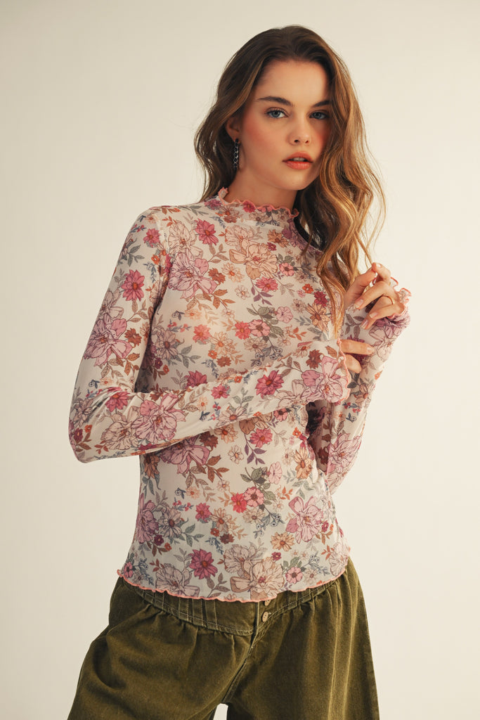 Mesh Floral Thumb Hole Top