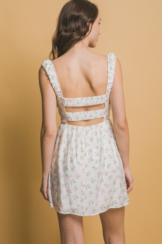 Floral Print Elastic Waist N Back Mini Dress