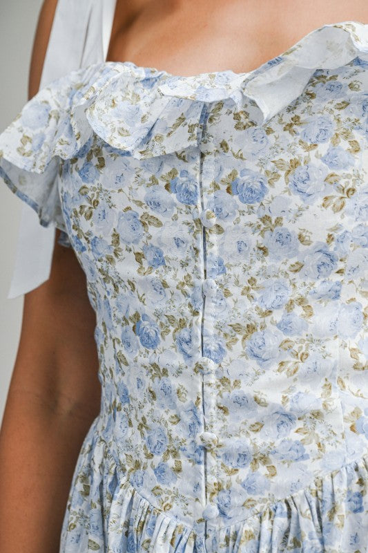 Floral Printed Contrast Shoulder Strap Midi Dress