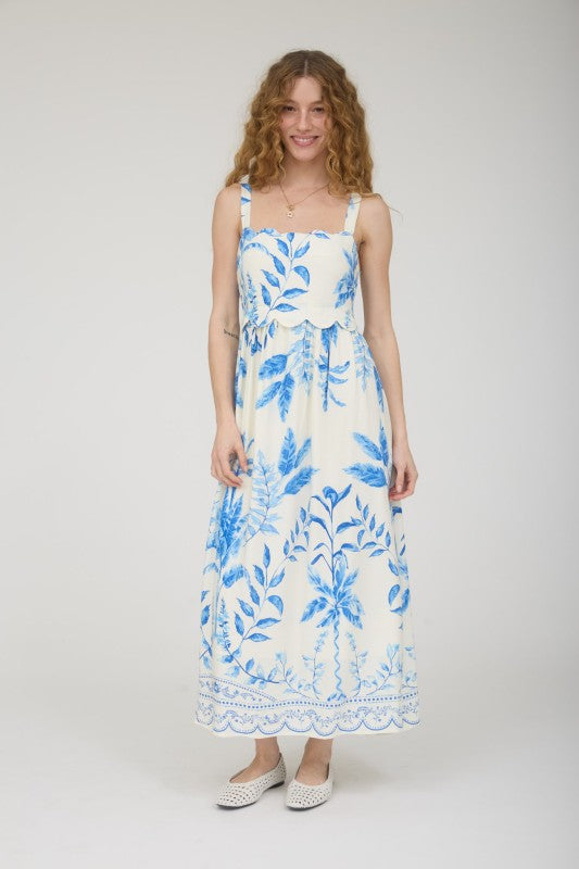 Leaf Print Scallop Detail Sleeveless Midi Dress