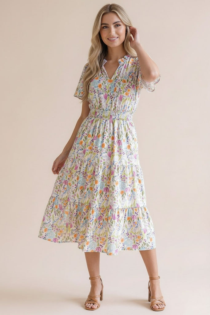 Notch Neck Smocked Waist Tiered Floral Dress
