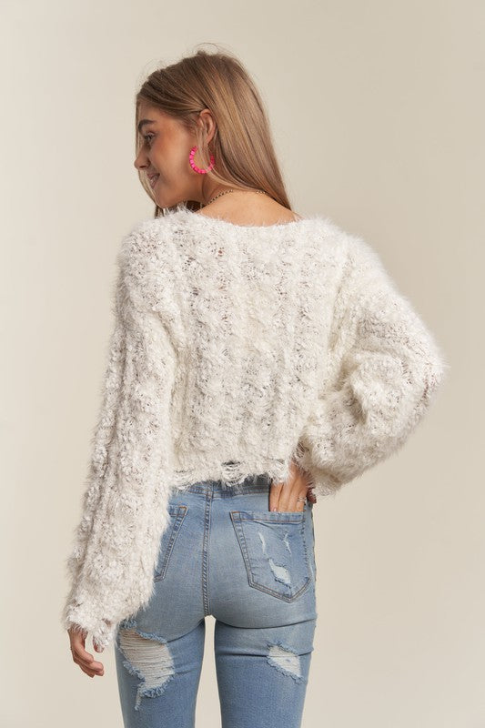 BOAT NECK POPCORN FUZZY SWEATER CROP TOP WITH FRAYED EDGE