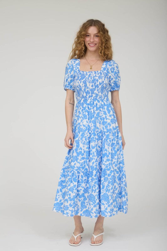 Floral Puff Sleeve Smocked Tiered Midi Dress