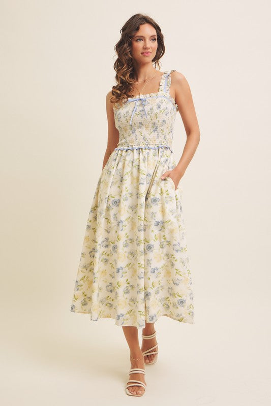 Lovely Floral Smocked Midi Dress With Bow