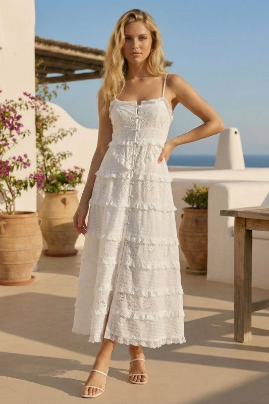 Tiered Eyelet Midi Dress With Lace Trim And Button Front