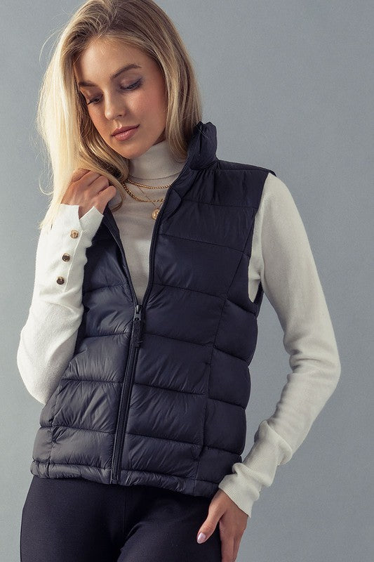 QUILTED STAND COLLAR ZIP UP WARM PUFFER VEST