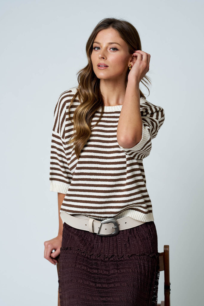 Stripe Contrast Trim Short Sleeve Knit Sweater