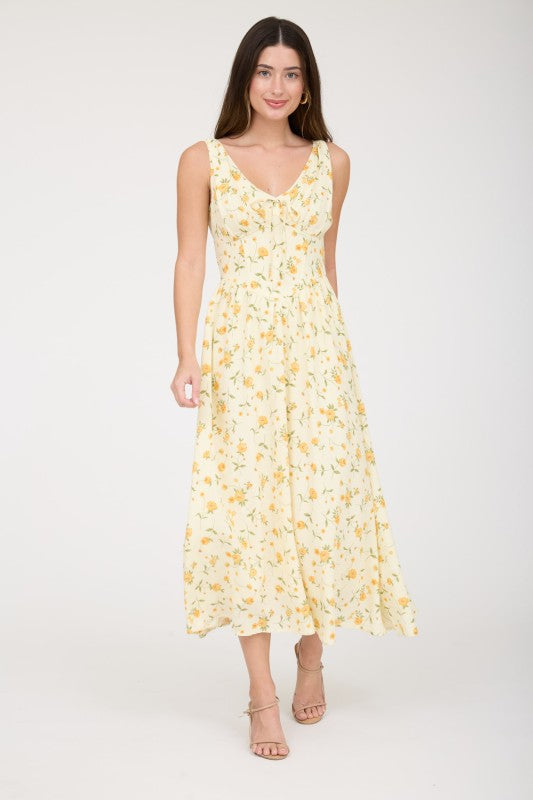 Floral V Neck Sleeveless Corset Midi Dress