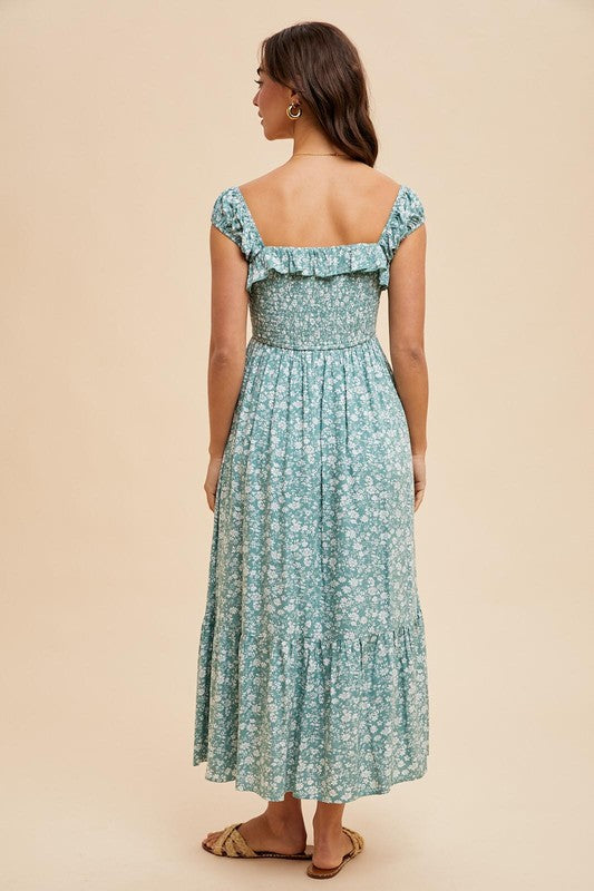 Smocked Floral Print Maxi