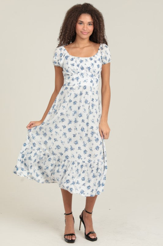 White And Blue Floral Short Sleeve Midi Dress