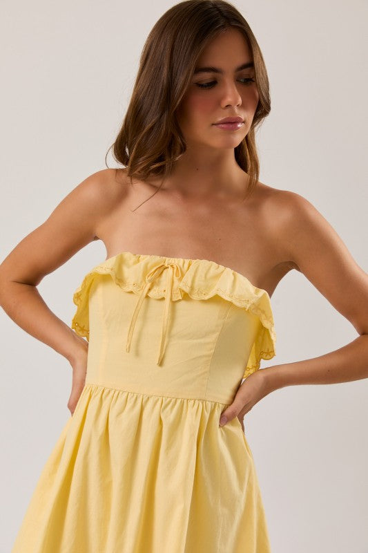 Strapless Eyelet Scallop Hemline Detail Mini Dress