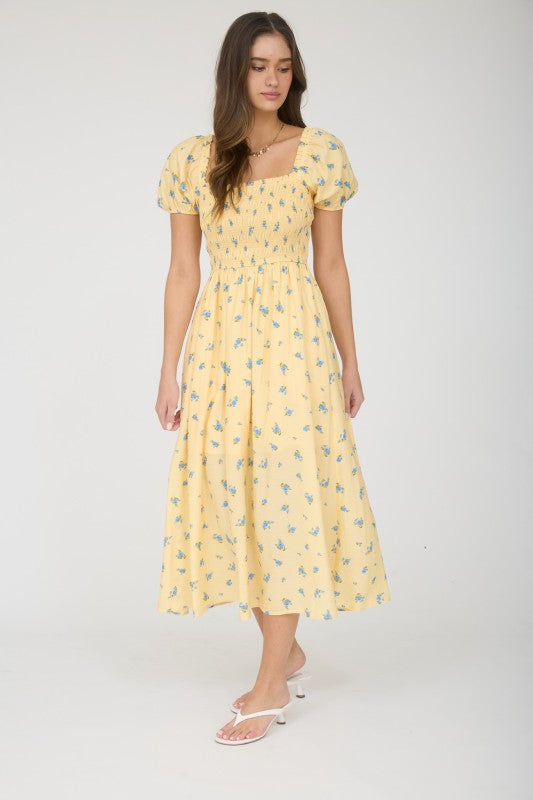 Smocked Puff Sleeve Floral Midi Dress