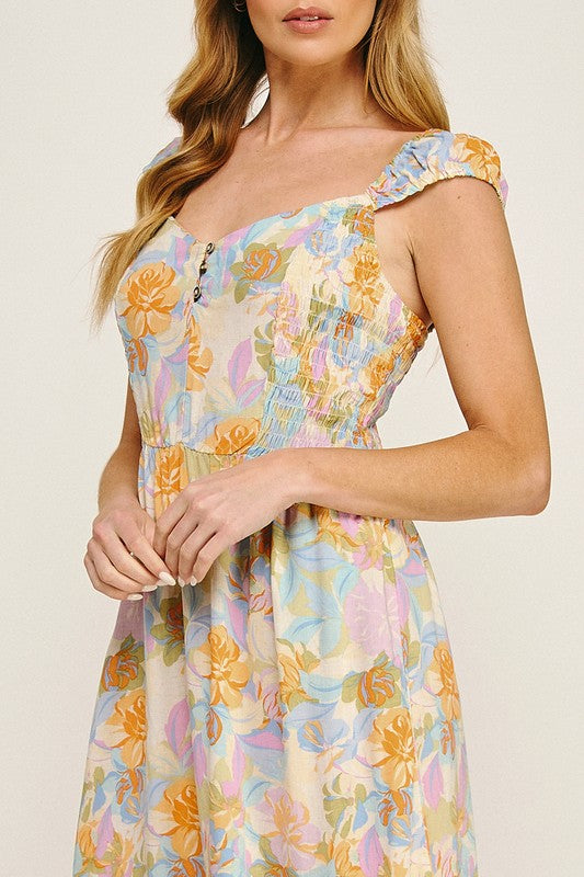 Airy Charm Printed Midi Dress With Elastic Sleeves