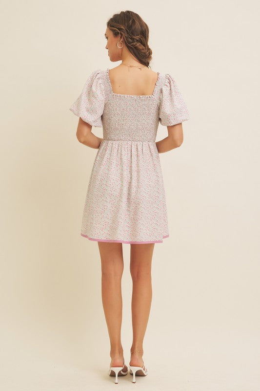 Romantic Ditsy Smocked Mini Dress With Bubble Slvs