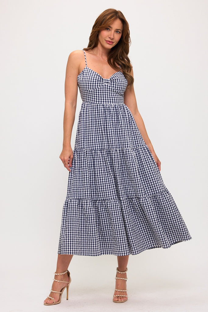 Gingham Bow Bust Tie Back Tiered Maxi Dress