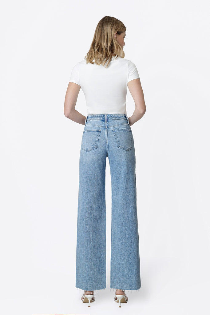 High Rise Clean Cut Raw Hem Wide Jeans