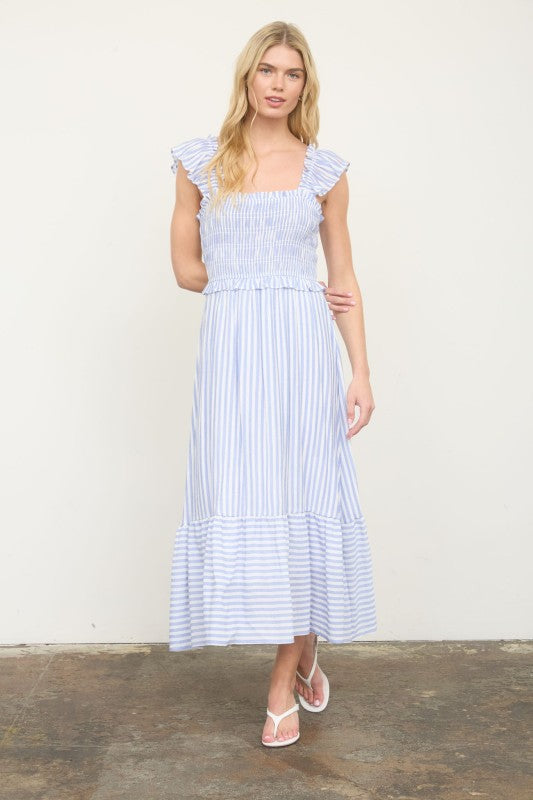 Stripe Smocked Ruffle Trim Midi Dress