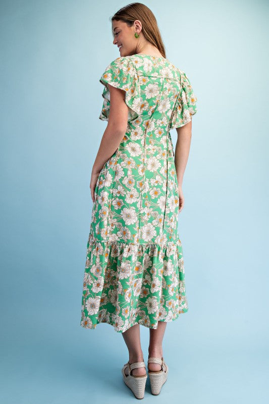 Vibrant Floral Print V-neck Midi Dress