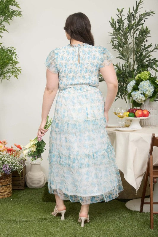 Plus Floral Tulle Pattern Smocked Midi Dress