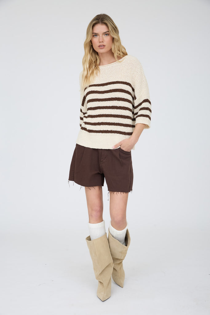 Stripe Textured Knit Half Sleeve Knit Sweater