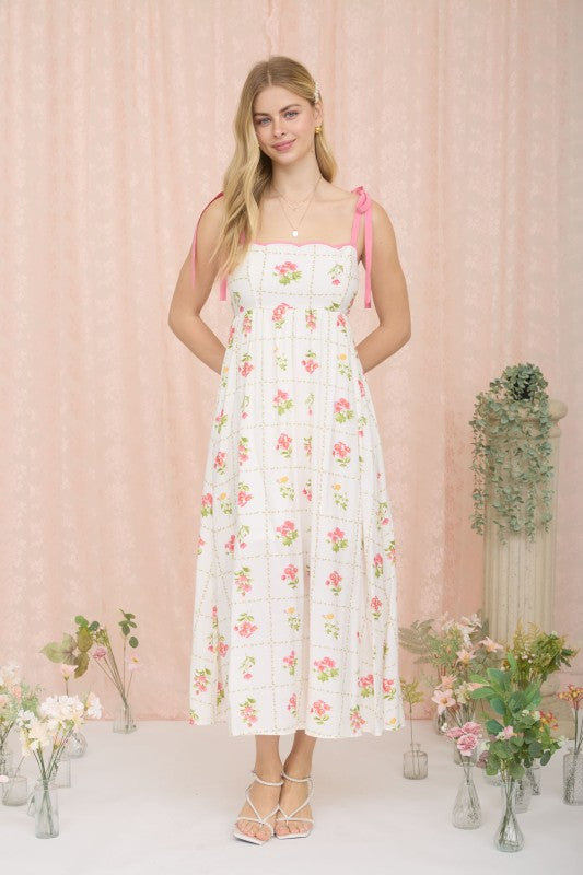 Floral Tile Pattern Scalloped Tie Strap Midi Dress