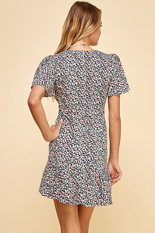 Floral V-neck Ruffle Mini Wrap Dress