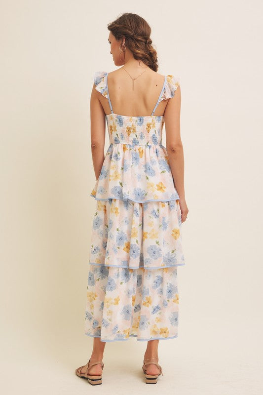 Floral Midi Dress With Ruffled Straps