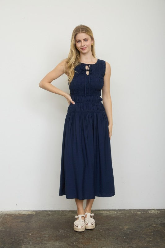 Front Tie Smocked Sleeveless Shirred Midi Dress