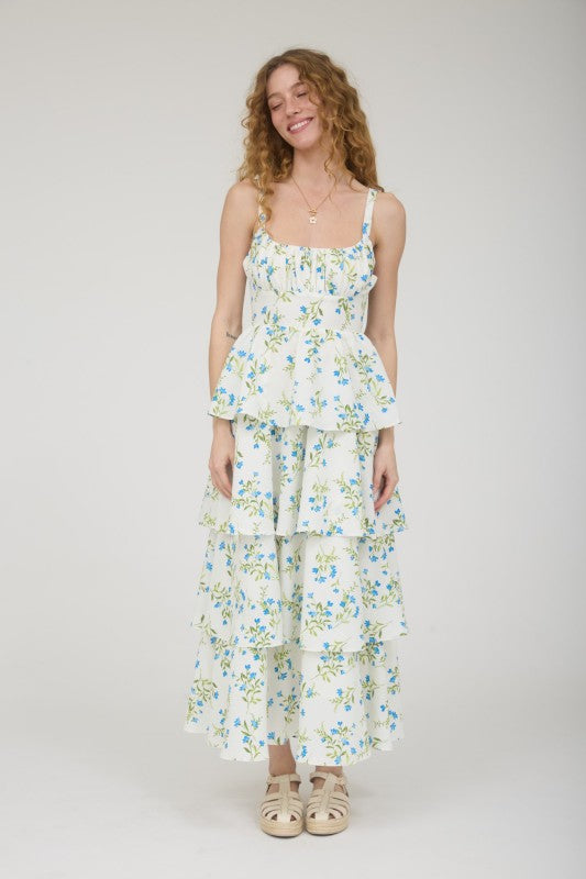 Floral Ruffle Tiered Back Tie Midi Dress