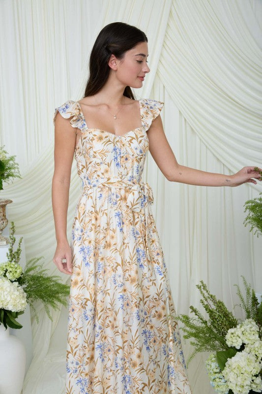 Floral Waist Tie Front Slit Sleeveless Midi Dress