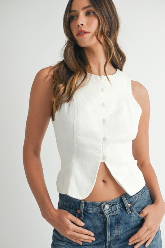 Linen Front Button Front Back Lace Up Vest