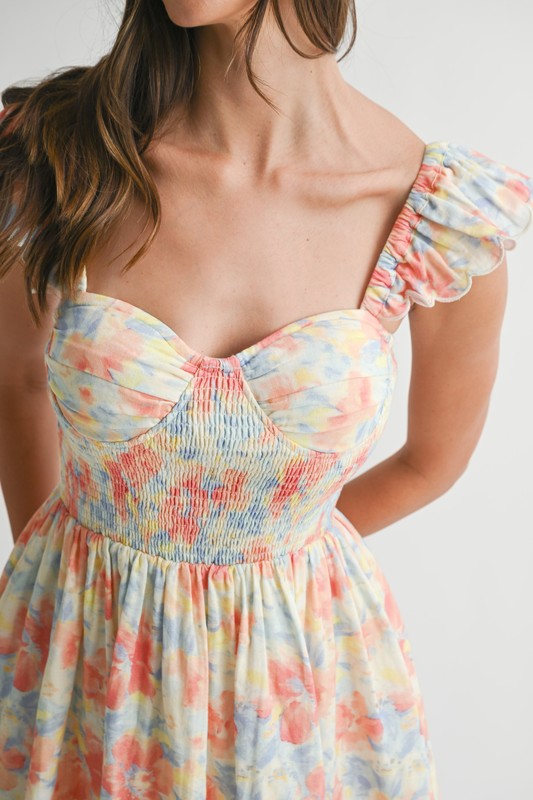 Floral Print Ruffle Sleeve Smocked Mini Dress