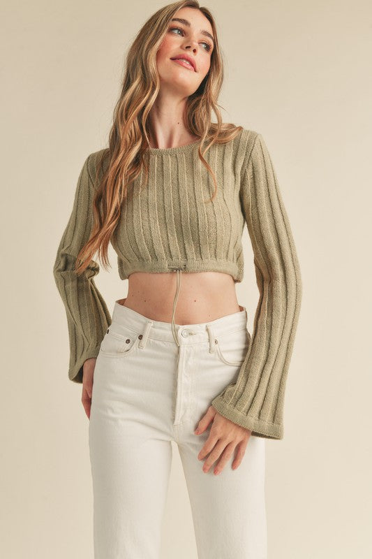 BELL SLEEVE DRAWSTRING KNIT SWEATER CROP TOP