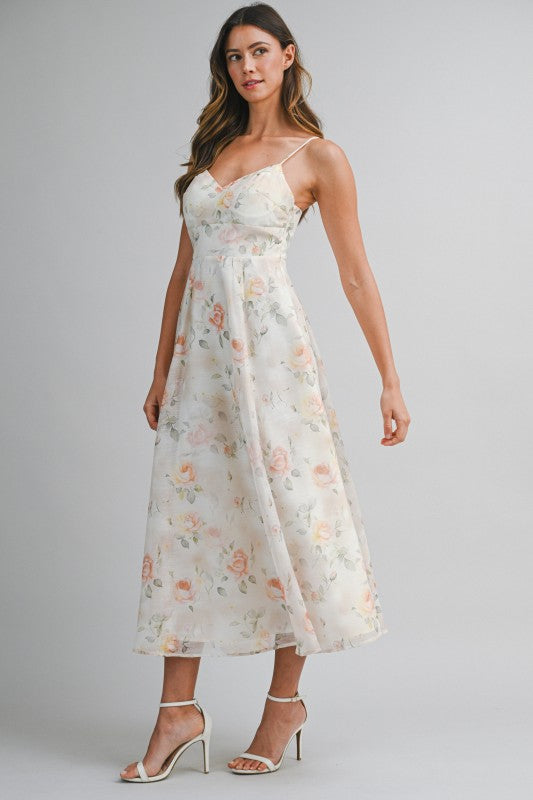 Floral Print Spaghetti Adjustable Strap Midi Dress