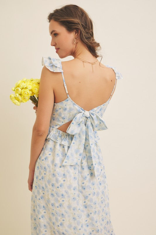 Romantic Floral Slit Midi Dress With Ruffles
