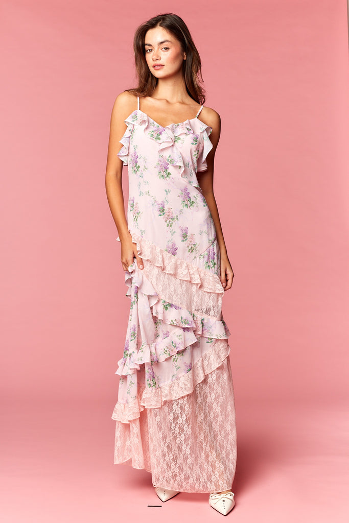 Floral Lace Ruffle Maxi Dress