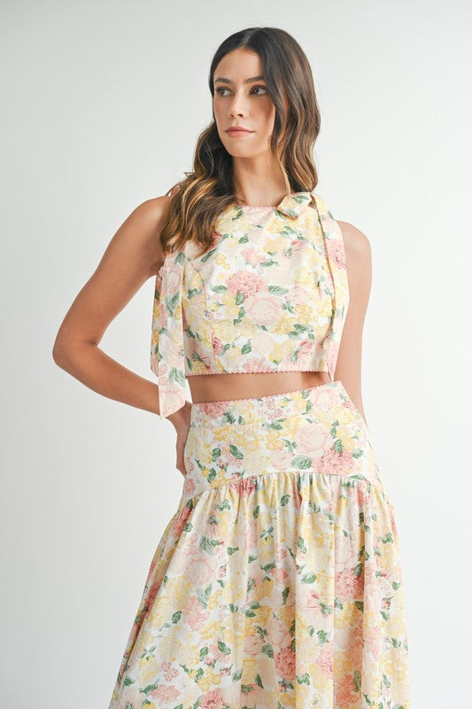 FLORAL SHOULDER RIBBON TOP AND MIDI SKIRT SET