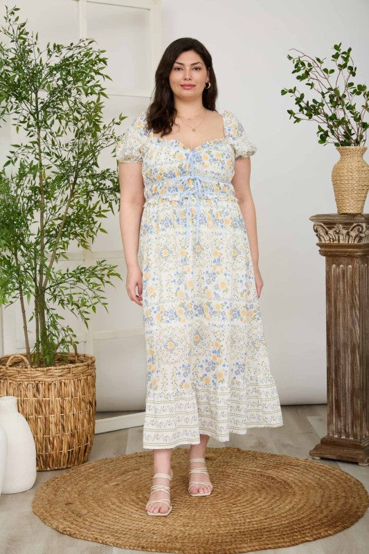 Floral Sweetheart Front Tie Puff Sleeve Midi Dress
