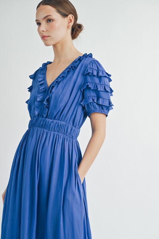 Ruffled V-neck Midi Dress With Elastic Waist