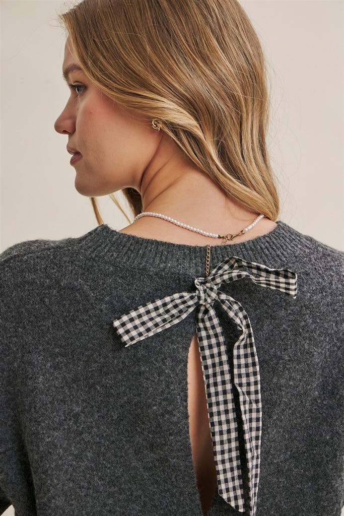 Autumn Picnic Playufl Open-back Gingham Bow Sweater Top