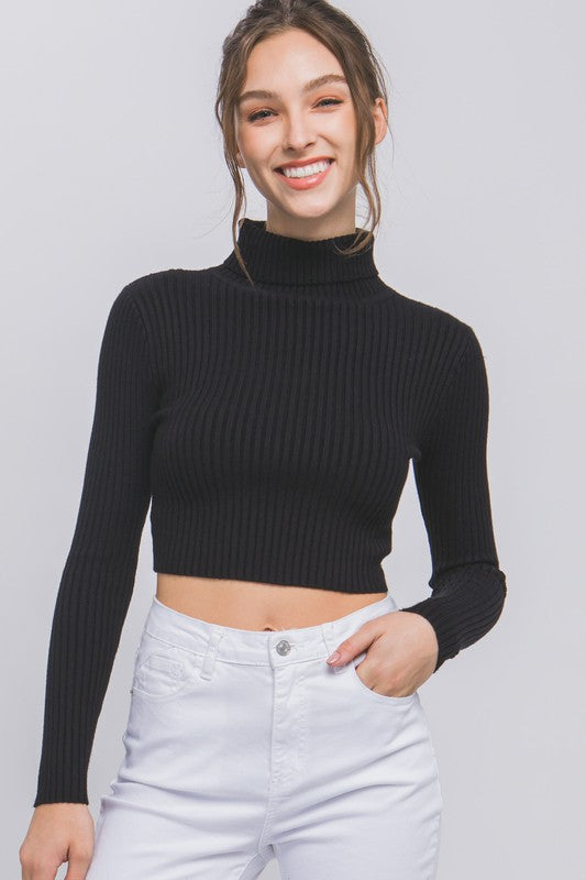 TURTLE NECK RIBBED SWEATER CROP TOP