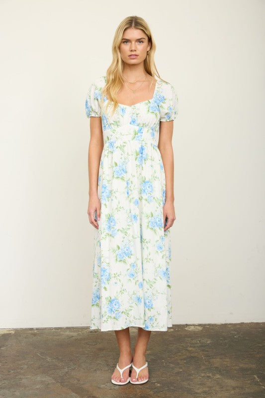 Floral Ruched Bust Puff Sleeve Midi Dress