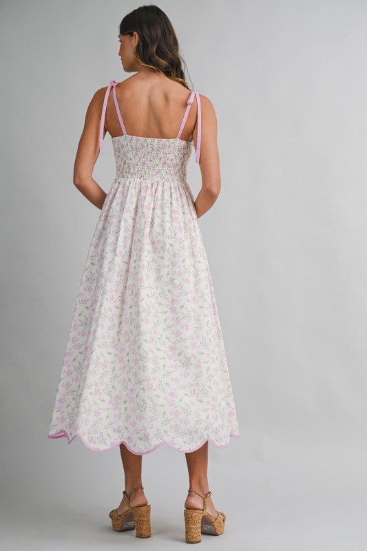 Floral Print Scallop Hem Contrast Self Tie Strap Midi Dress