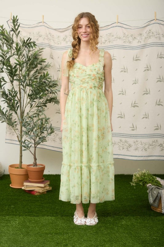 Floral Shirred Bodice Sleeveless Midi Dress