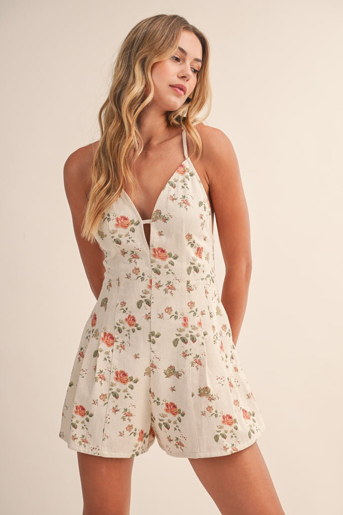 Floral Printed Criss Cross Back Tie Twill Romper