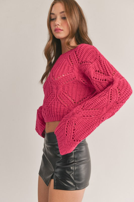 CREWNECK BALLOON SLEEVE CROPPED KNIT SWEATER