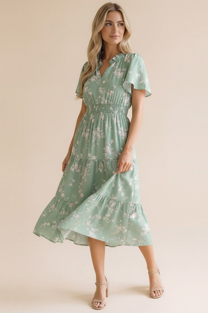 Frilled Notch Neck Smocked Waist Floral Dress