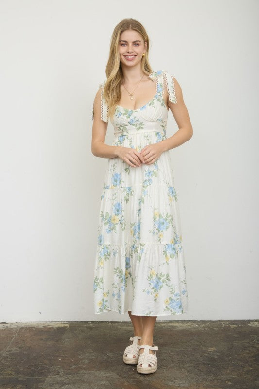 Floral Tie Strap With Scallop Lace Trim Midi Dress