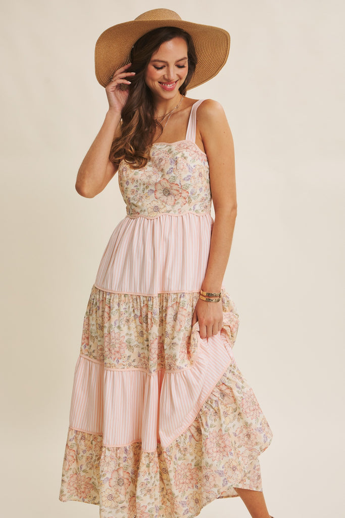 Dreamy Ideal Florals And Stripes Tiered Midi Dress